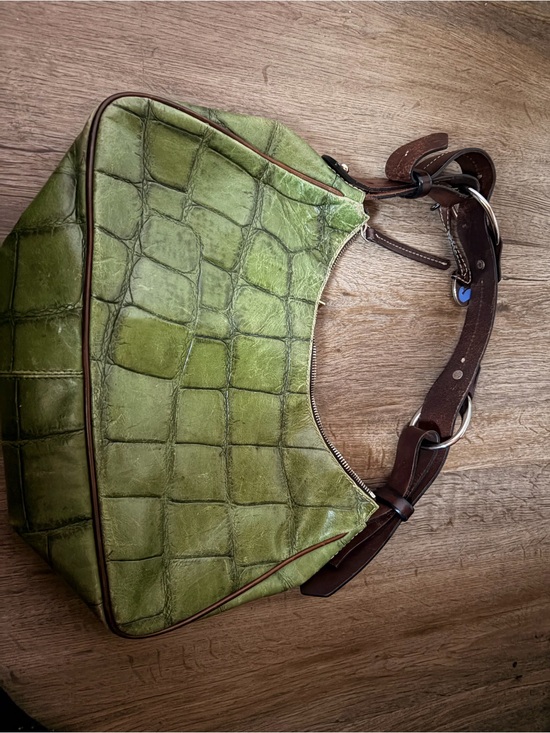 Authentic Dooney & Burke Green Croc-Leather Shoulder Bag with Brown Strap